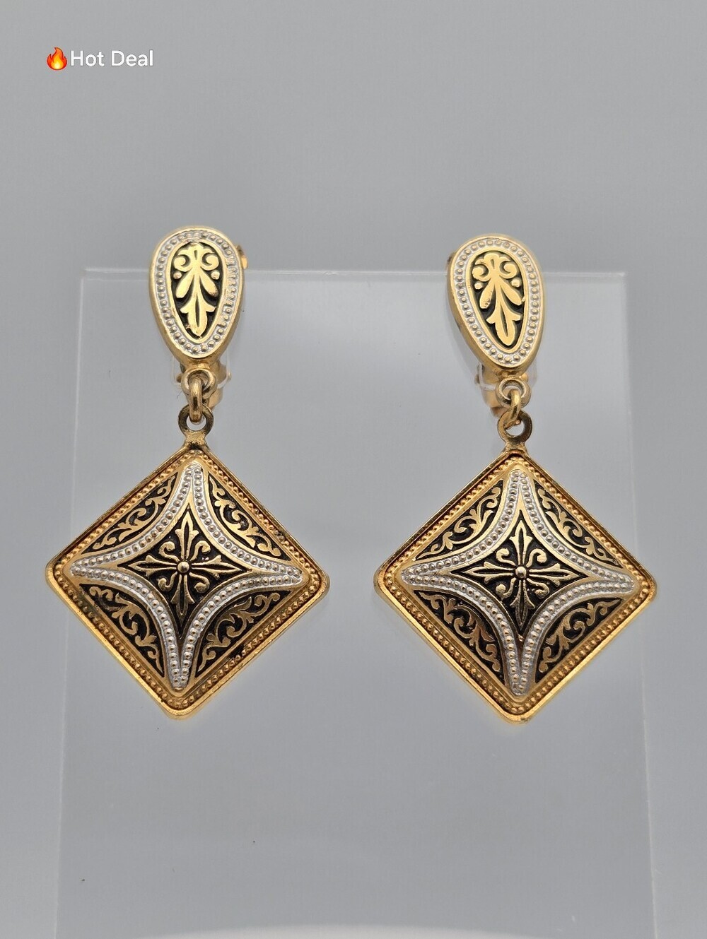 Vintage Spanish Damascene Toledo Drop Earrings Gold Black 1.5"
